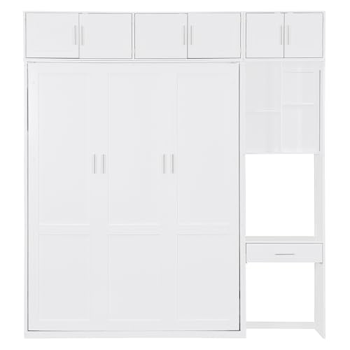P PURLOVE Wood Twin Murphy Bed with Light and USB, Modern Wall Bed with Top Cabinet and Storage Shelves, Space Saving, No Box Spring Needed (Gray)