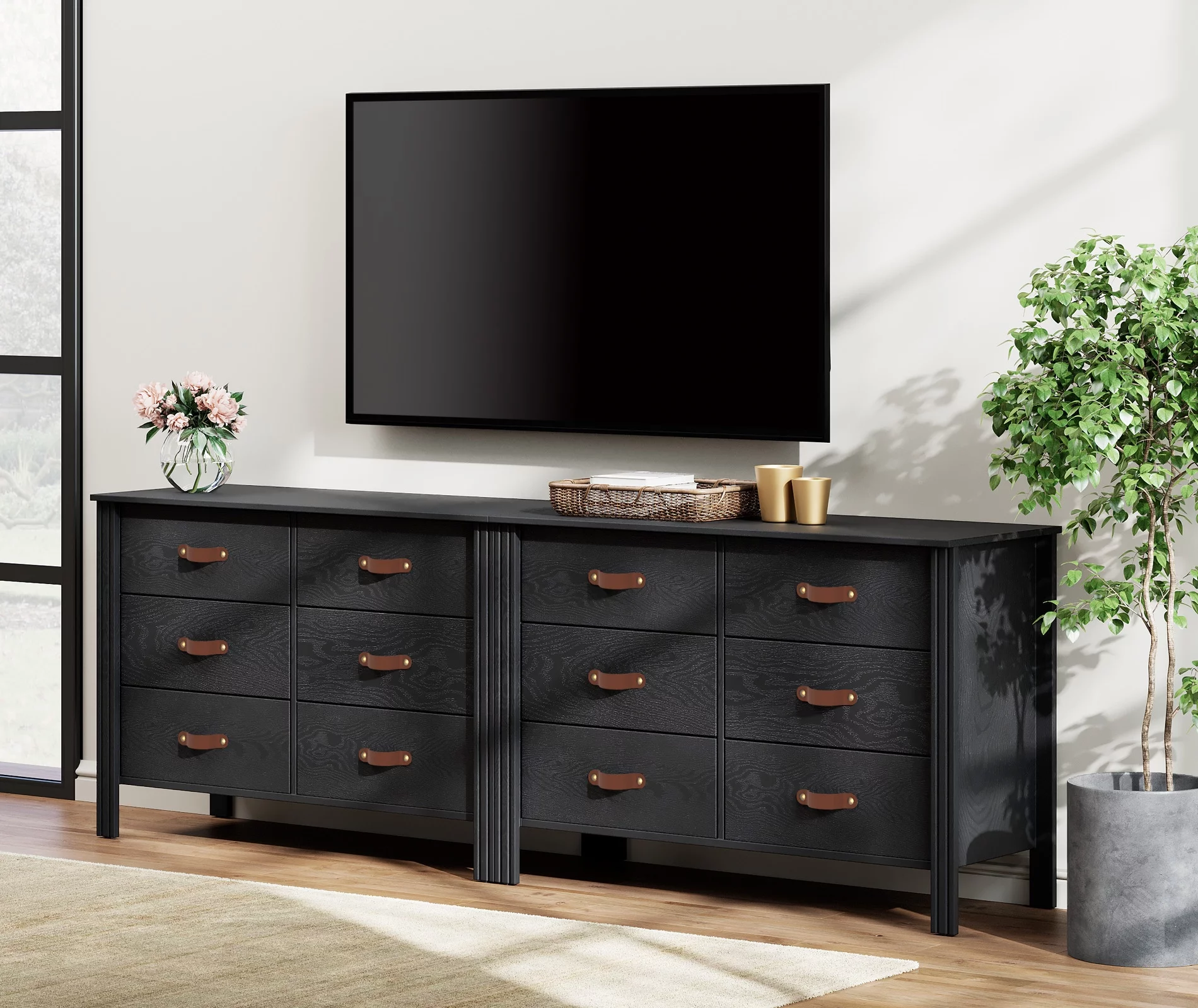 Set of 2 Black Dresser for Bedroom. Large Wood Dresser with 6 Drawers. Storage Cabinet for Living Room. Hallway