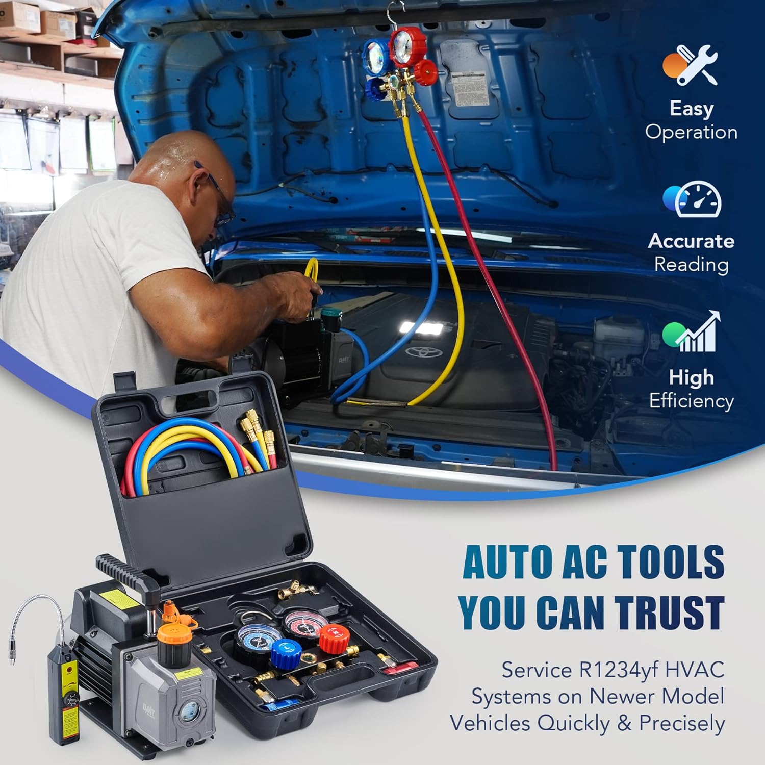 Orion Motor Tech R1234yf AC Gauges and Vacuum Pump, with Leak Detector 5FT Hoses R1234yf can tap R1234yf Quick Couplers