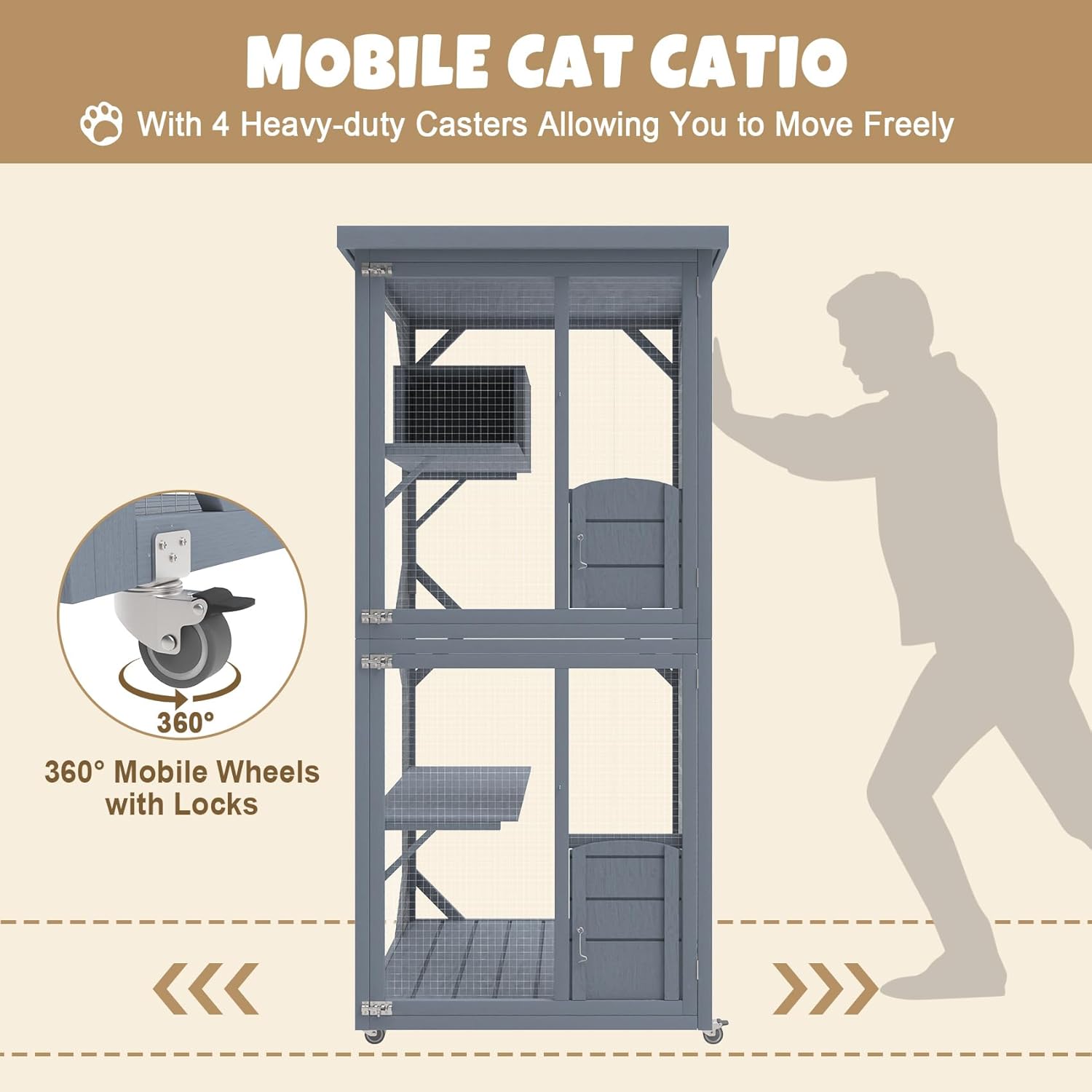 Catio Outdoor Cat House, Wooden Large Enclosure with Run on Wheels, 64" Outdoor/Indoor Cat Catio for Multiple Cats with Waterproof Roof, Platforms