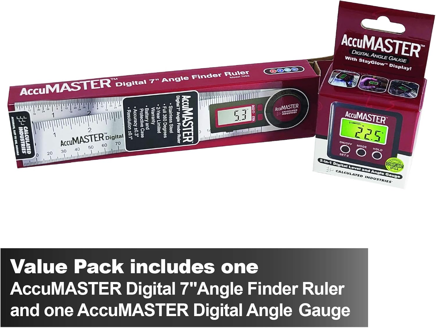 Calculated Industries 7489 AccuMASTER Value Pack – 2-in-1 Digital Angle Gauge plus the Digital 7-Inch Angle Finder Ruler | Accurate Precision Tools