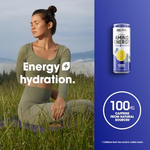 Optimum Nutrition Amino Energy Sparkling Hydration Drink, Electrolytes, Caffeine, Amino Acids, BCAAs, Sugar Free, Juicy Strawberry, 12 Fl Oz
