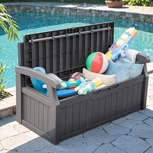 Greesum 80 Gallon Outdoor Storage Bench, Resin Patio Furniture with Armrest,Waterproof and UV-Resistant, Perfect to Garden, Poolside and Lawn