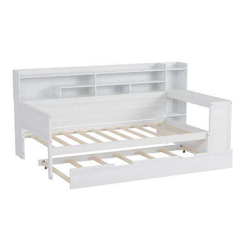Corner Twin Bed Frame with Bookcase Storage and Desk, Wood Day Beds with 2 Drawers, Twin Size Daybed with Storage for Living Room
