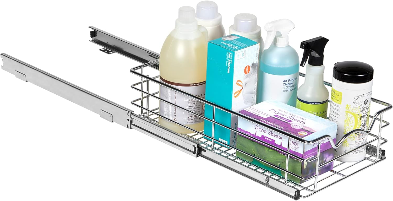 Heavy Duty Pantry Pull Out Cabinet Organizer Basket 5” High –5 Year Limited Warranty- Slide Out Drawer Shelf for Pots, Pans, Cans, jars, Canisters