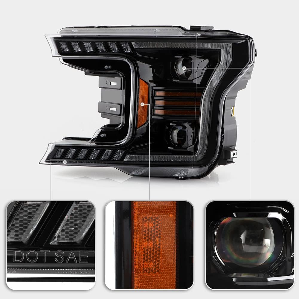 ACANII - For 2018-2020 Ford F150 Black LED Tube w/Sequential Signal LED Projector Headlights Headlights Set Left+Right