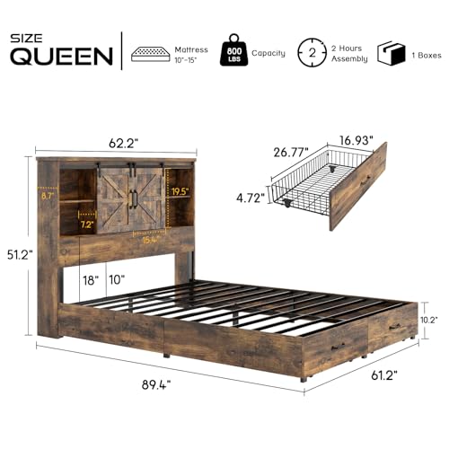 HOWE King Size Bed Frame, Wood Platform Bed Frame with 51.2" Bookcase Headboard, Storage Bed with Sliding Barn Door Charging Station 2 Drawers