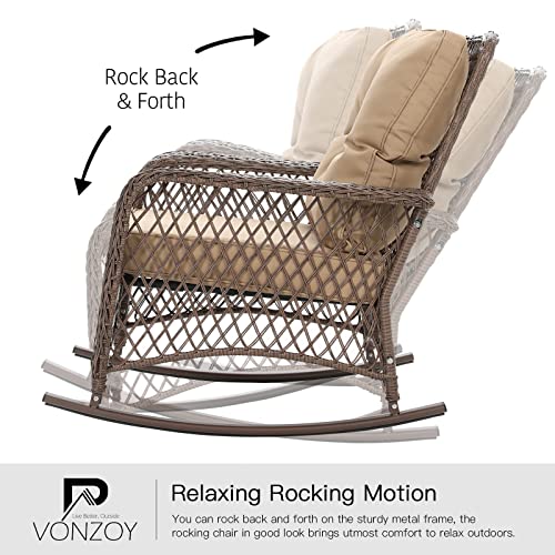 Patio Furniture Set 3 Pieces, Wicker Rocking Bistro Set with Thick Cushions, Outdoor Rocker Chairs and Coffee Table for Porch