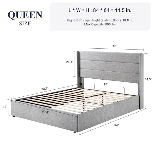 Allewie Full Size Lift Up Storage Bed, Modern Wingback Headboard, Hydraulic Support, No Box Spring Needed, Light Beige
