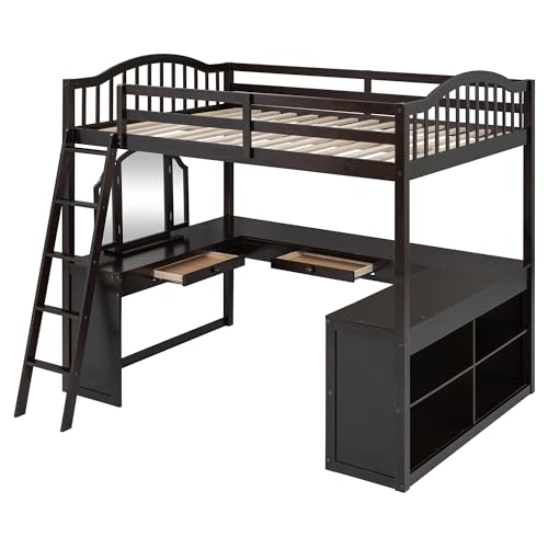 Harper & Bright Designs Full Size Loft Bed with Desk, Storage Shelves and Drawers, Solid Wood Loft Bed Frame with Built-in Wardrobe, Walnut