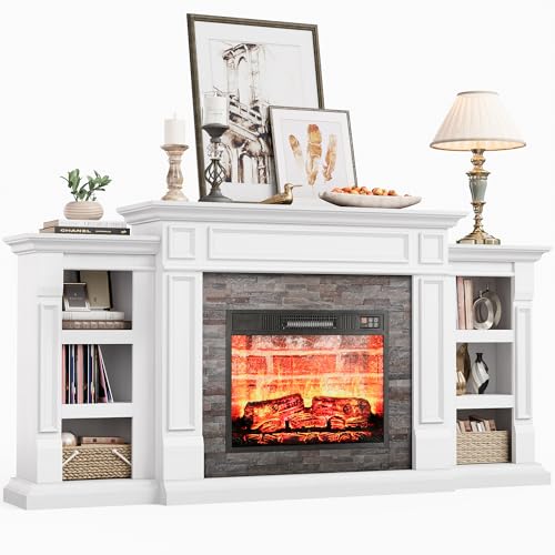 LGHM 70" Electric Fireplace with Mantel, Fireplace TV Stand for TVs Up to 80 Inch, Modern Entertainment Center with Storage