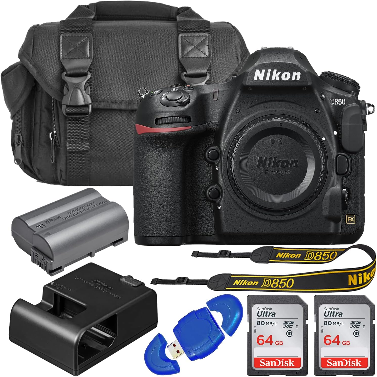 Nikon D850 FX-Format Digital SLR Camera Body with 2X SanDisk 64GB Memory Cards, Deluxe Carrying Bag, Card Reader