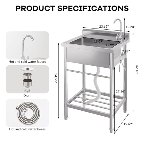 Stainless Steel Free-Standing Utility Sink, Single Bowl Freestanding Laundry Sink with Faucet, Drainboard, Storage