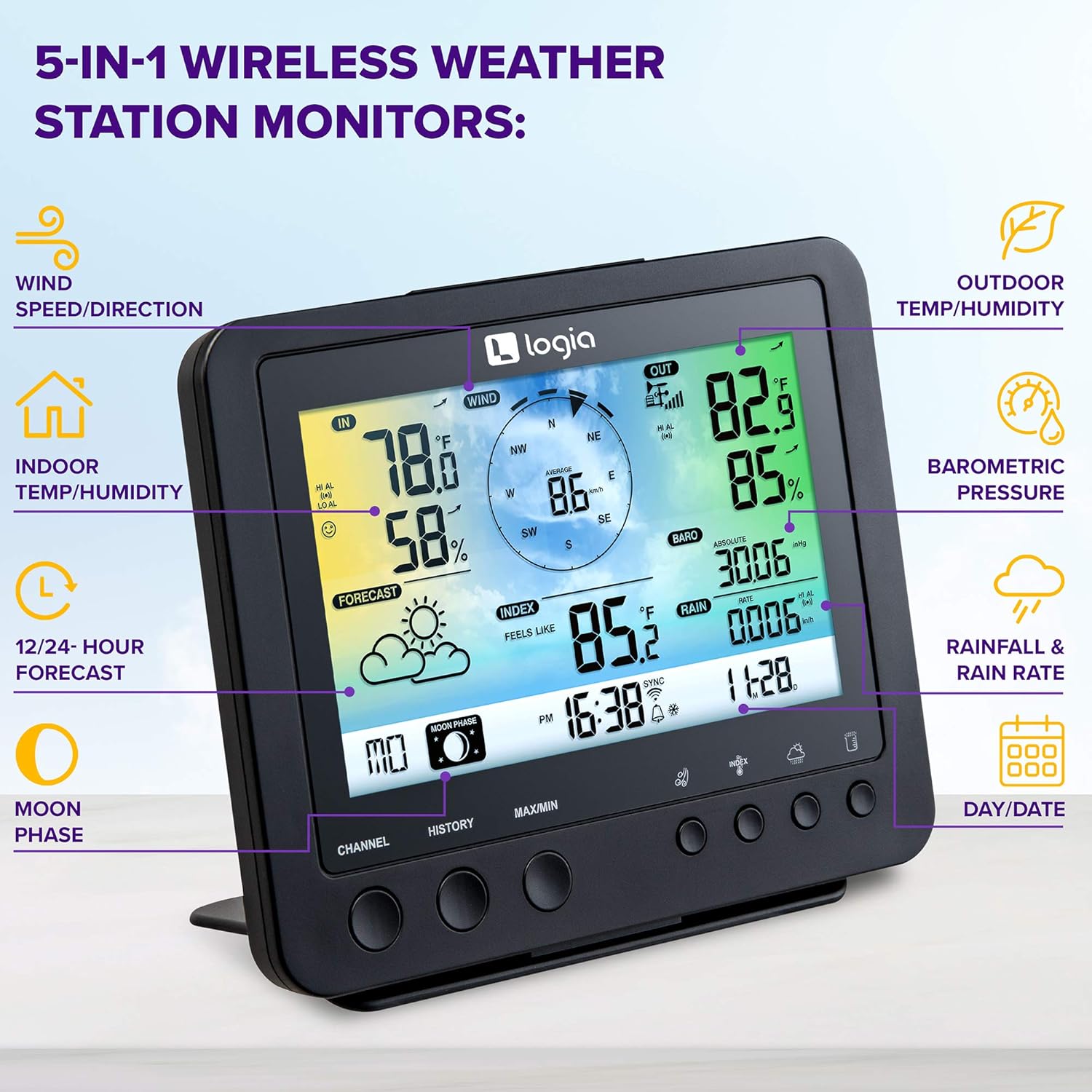 Logia 5-in-1 Wi-Fi Weather Station | Indoor/Outdoor Remote Monitoring System Shows Temperature, Humidity, Wind Speed/Direction