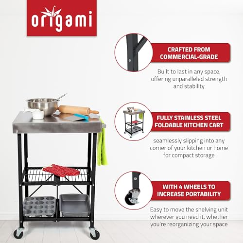 Origami Folding Kitchen Cart on Wheels, 3-Tier Foldable Rolling Cart - Chefs Outdoor Cart for Wine and Food, Microwave Cart, Plating Shelf