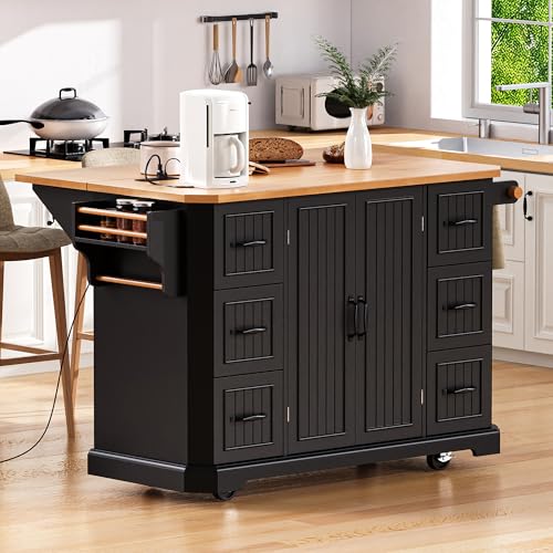 Amposei Rolling Kitchen Storage Island on Wheels with Power Outlet, Drop Leaf Breakfast Bar Kitchen Cart Island Table with Drawers