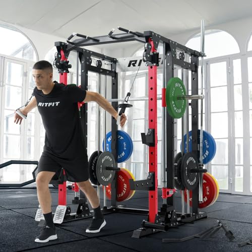 RitFit Buffalo Smith Machine, Power cage with LAT-Pull Down System & Cable Crossover System, All-in-One Squat Rack for Home Gym, Power Rack