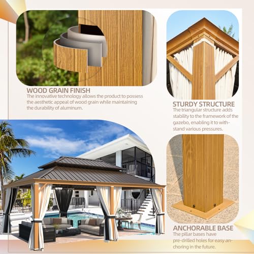 YOLENY 10' x 12' Hardtop Gazebo, Metal Gazebo with Aluminum Frame, Double Galvanized Steel Roof, Curtains and Netting Included