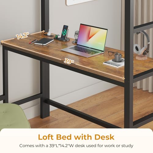 ADORNEVE Twin Size Loft Bed with Desk and 8 Storage Drawers, Metal Kids Loft Bed Twin with LED Lights & Charging Sation, Storage Shelves