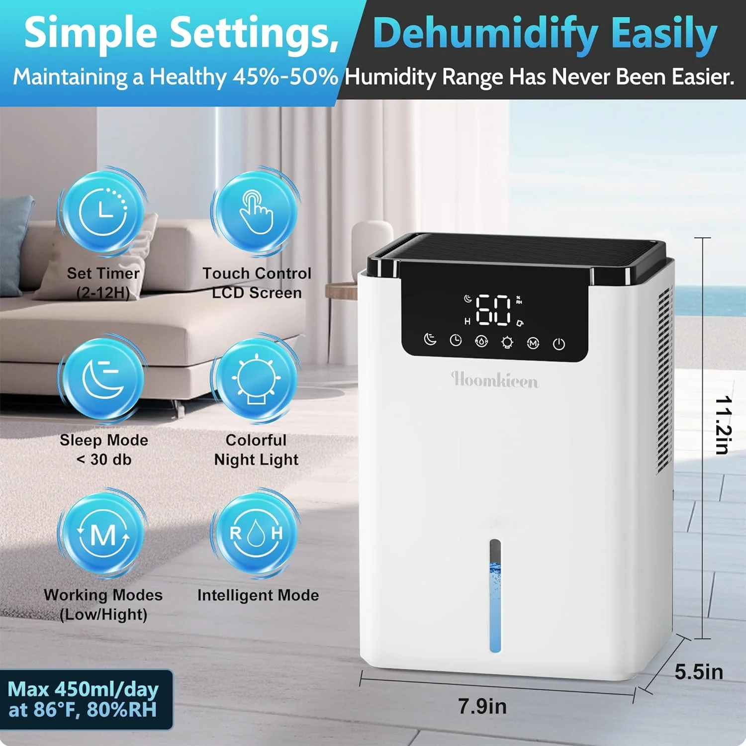 Dehumidifier for Bedroom, 68 oz 500Sq.ft Dehumidifiers with Touch Control LCD Screen Timer Auto-Off, Automatic Defrost