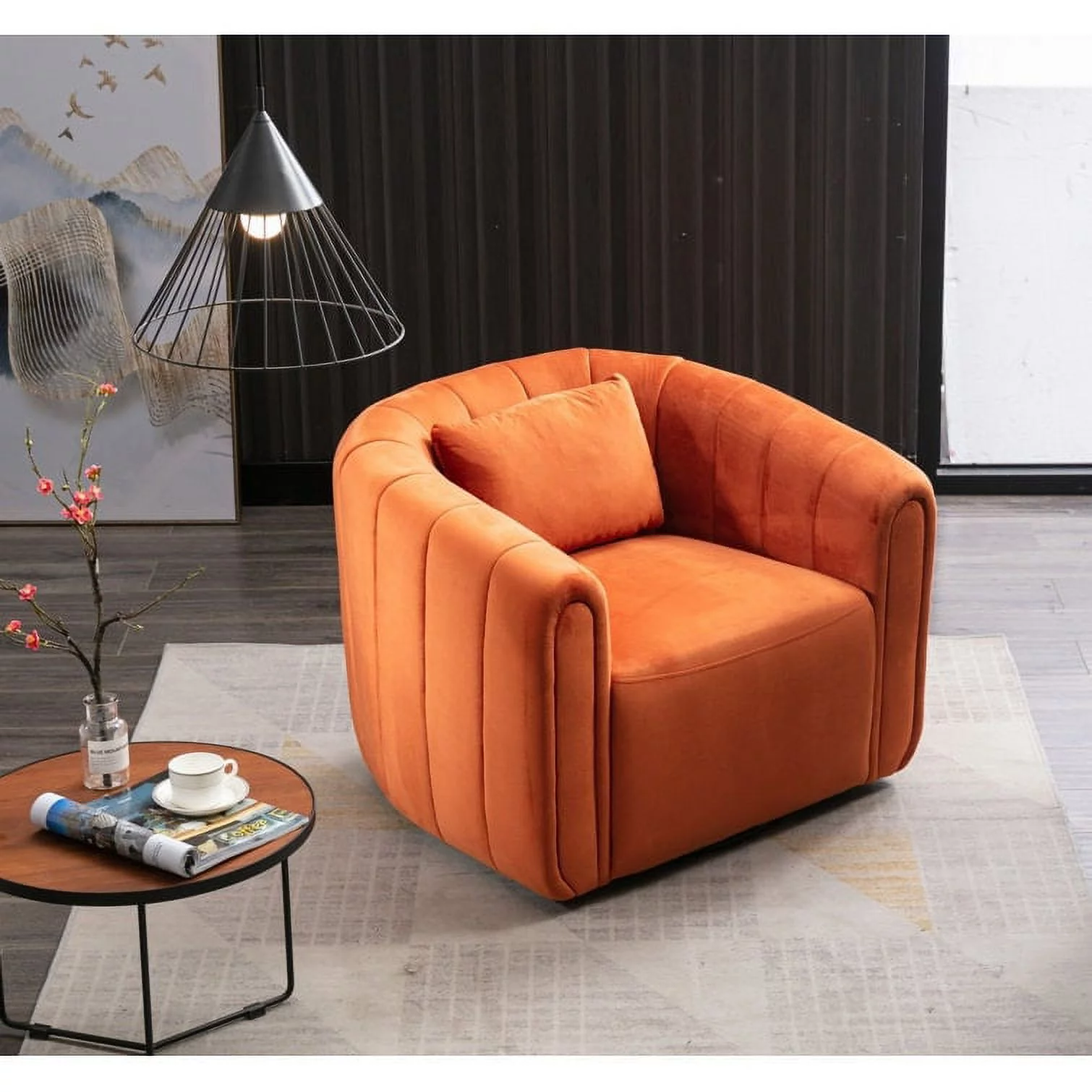 Bonzy Home Swivel Barrel Chair with Plump Pillow, Modern Channel Velvet Accent Chair, Comfy Round Armchair
