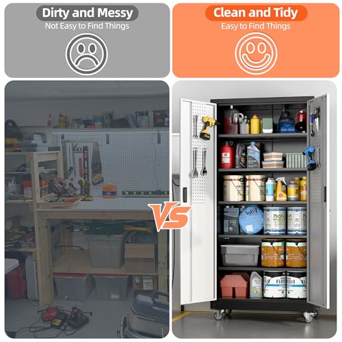 Aobabo 71" H×32" W×16" D Metal Storage Cabinet with Wheels, Garage Steel Storage Cabinet with 5 Adjustable Shelves and 4 Hooks for Home Office