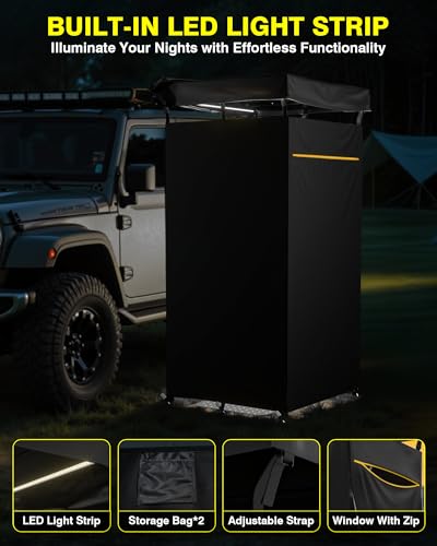 PYY Shower Awning- Awning Shower Tent with Roof Rack, Foldable Floor Mat, LED Light Strip, 3 Zippers for Safety & Access