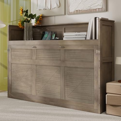 Ball & Cast Queen Size Murphy Bed Hideaway Wall Chest with Top Shelves & USB,Storage Cabinet Bed Frame w/Slat Support