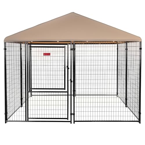 Stay Series 4 by 4 by 4.3 Feet Studio Jr. Black Powder Coat Steel Frame Outdoor Dog Kennel with Waterproof Canopy Roof and Gate Door, Khaki