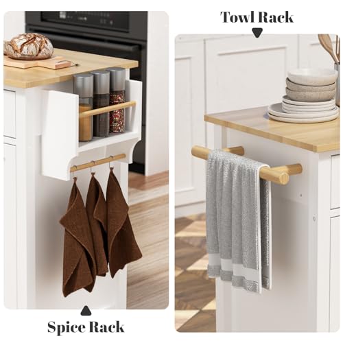 Rovibek Kitchen Island with Drawers 53 in Rolling Island Cart Mobile Solid Wood Portable Islands on Wheels with Storage Cabinet & Drawers, White