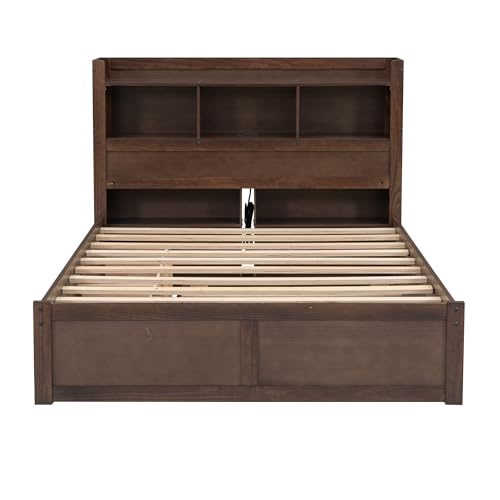 Full Size Storage Bed with Bookcase Headboard and Trundle, Wood Platform Bed Frame with Charging Station