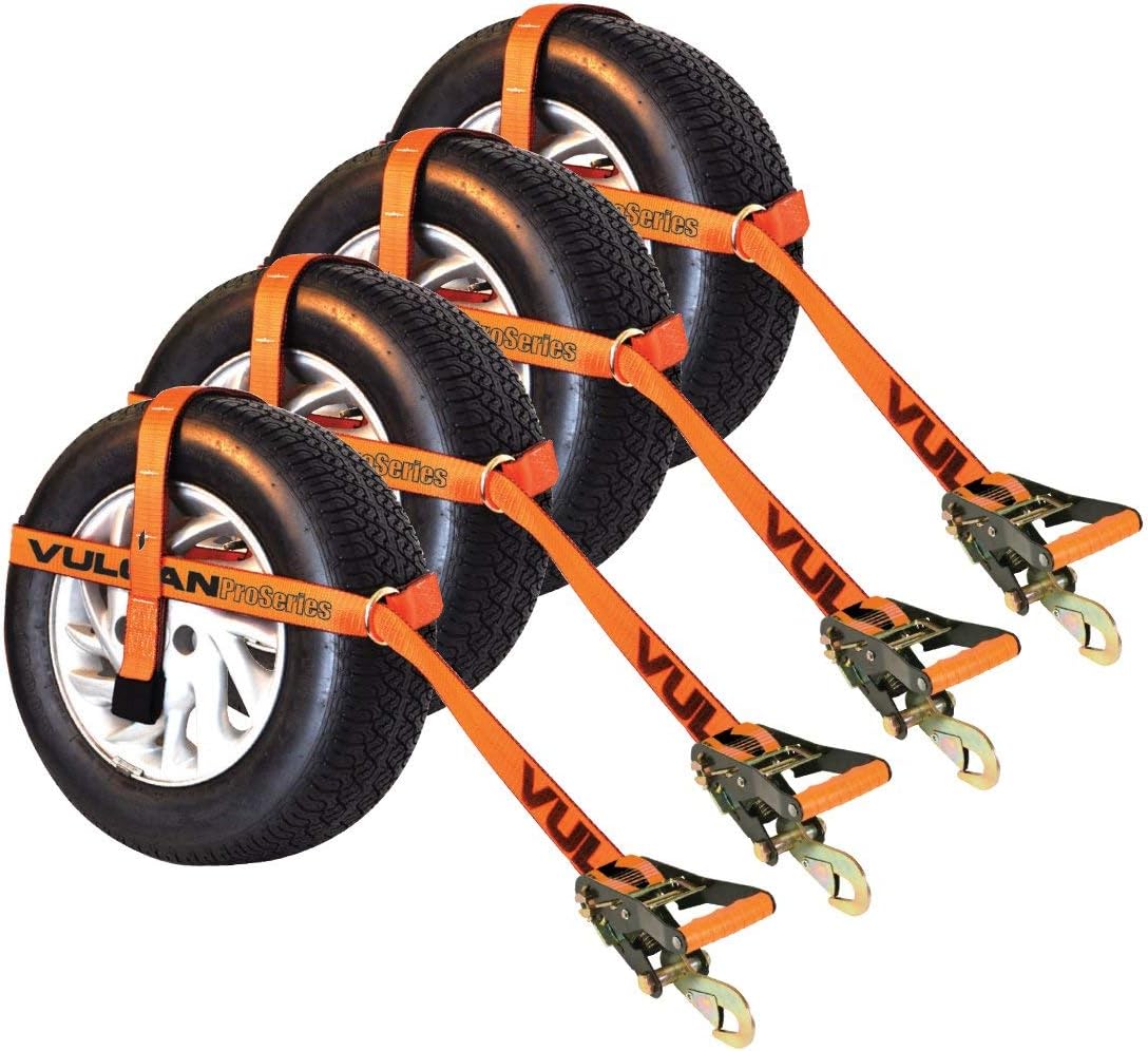 VULCAN Car Tie Down Kit - Adjustable Loop - Snap Hooks - Classic Yellow - Complete Kit Includes 4 Straps and 4 Ratchets