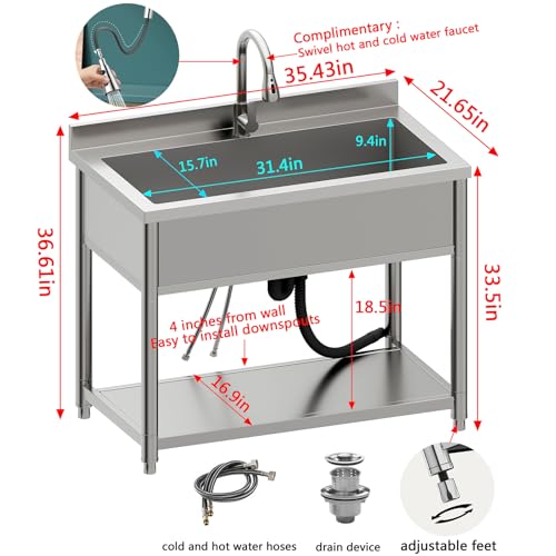 Stainless Steel Utility Sink, Large Freestanding Laundry Sink with Pull-out Faucet for Kitchen, Bathroom, Laundry Room, Garage, Outdoor/Indoor Use