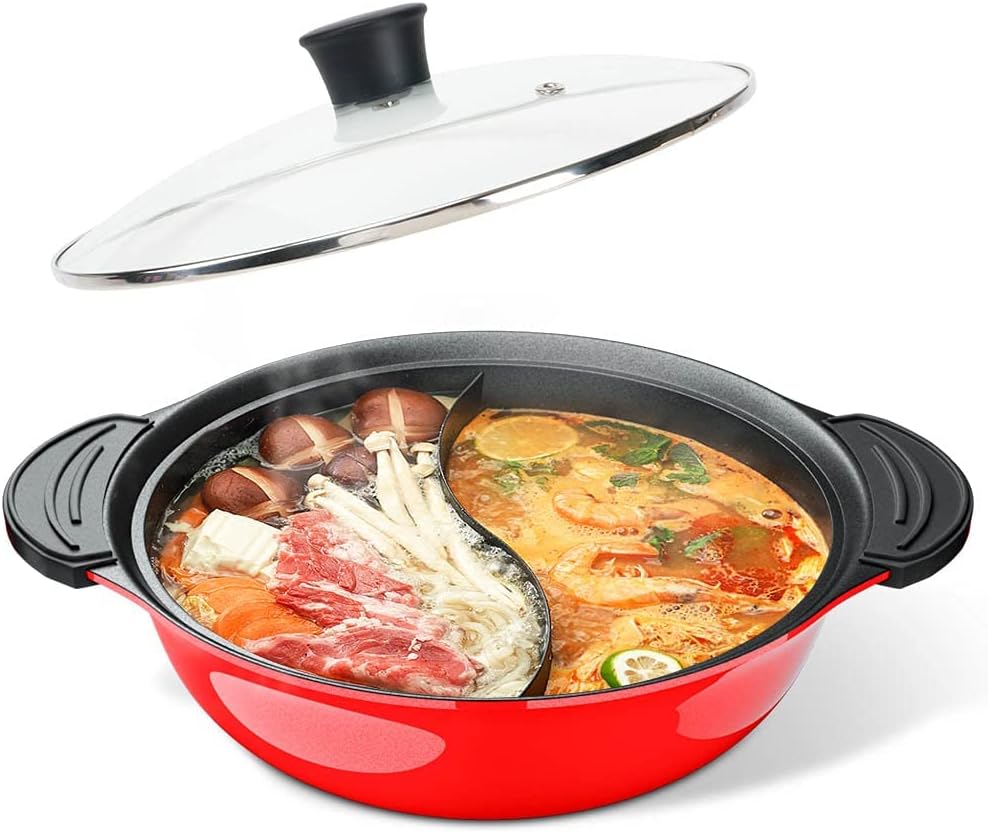 Shabu Shabu Hot Pot with Lid Non-Stick Casserole Induction Cooktop Sided Soup Cookware Shabu Shabu Pot with Divider, 12.6 Inch, White