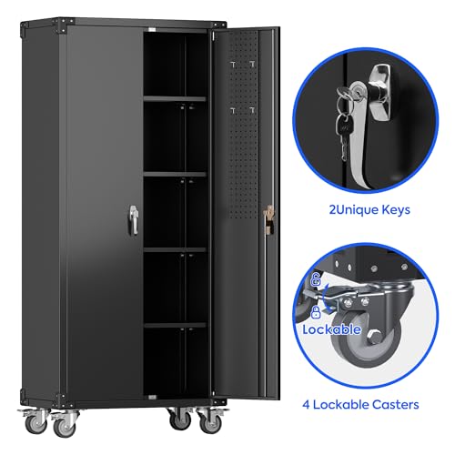 71" Metal Storage Cabinet with Wheels and Pegboard, Lockable Rolling Steel Storage Cabinet with 5 Adjustable Shelves and Door for Garage, Office