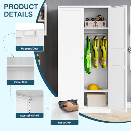 MIIIKO Steel Cabinet Wardrobe, Metal Locker Cabinet with Hanging Rod, Metal Clothing Locker Storage for Home, Office, Garage and Changing Room
