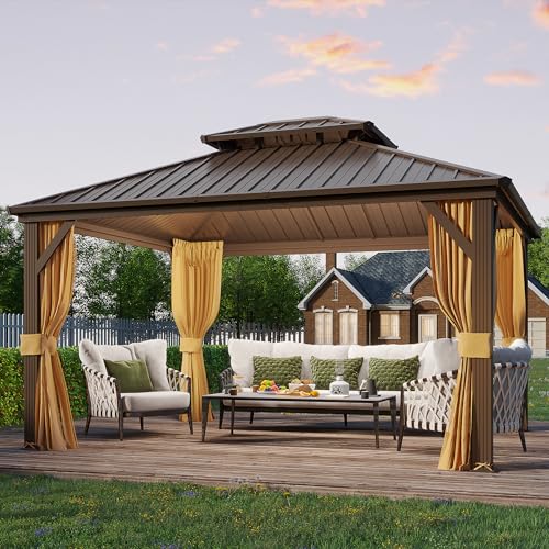 YOLENY 10' x 12' Hardtop Gazebo, Metal Gazebo with Aluminum Frame, Double Galvanized Steel Roof, Curtains and Netting Included