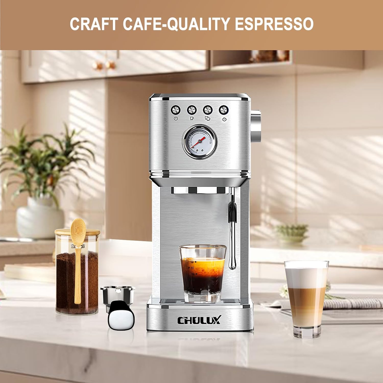 CHULUX Kom-Pro Espresso Machine 20 Bar, Semi Automatic Stainless Steel Coffee Machine for Home Latte Cappuccino Espresso Maker