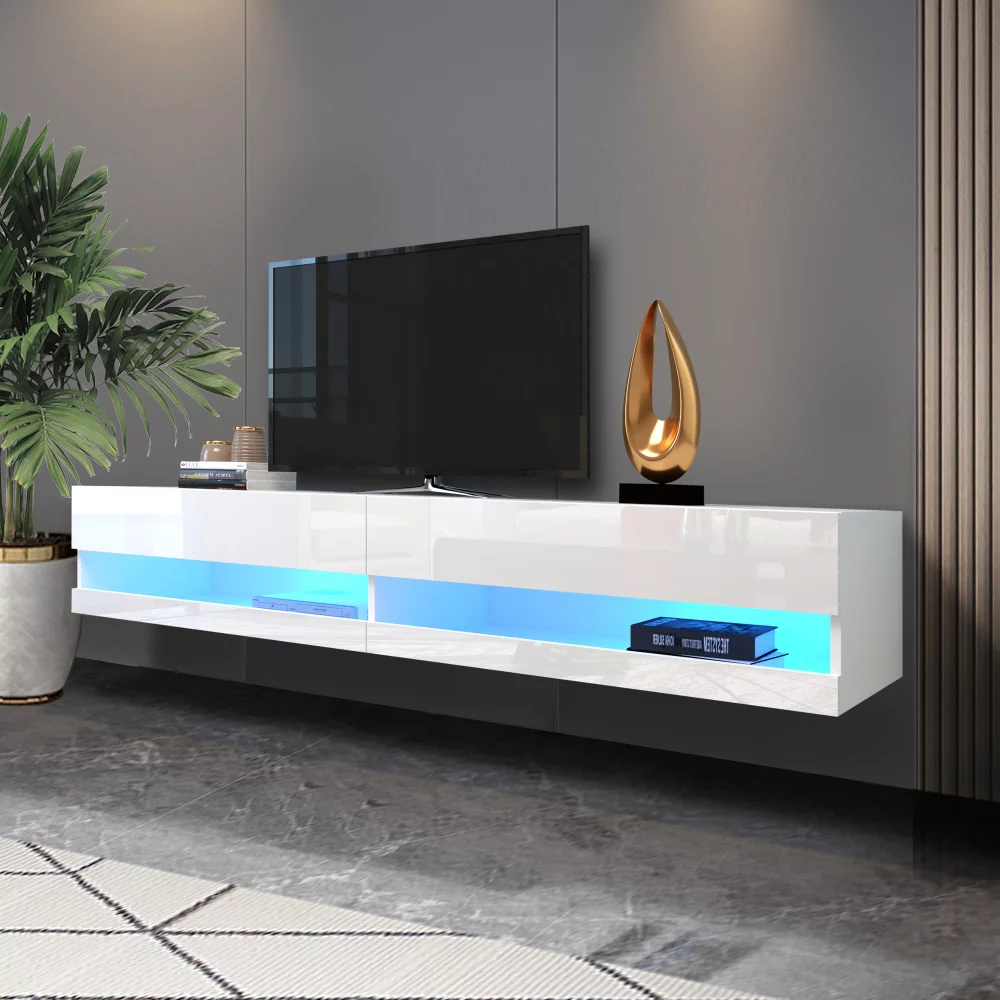 180 Wall Mounted Floating 80" TV Stand with 20 Color LEDs White Entertainment Center TV Console Storage Cabinets for Living Room Bedroom