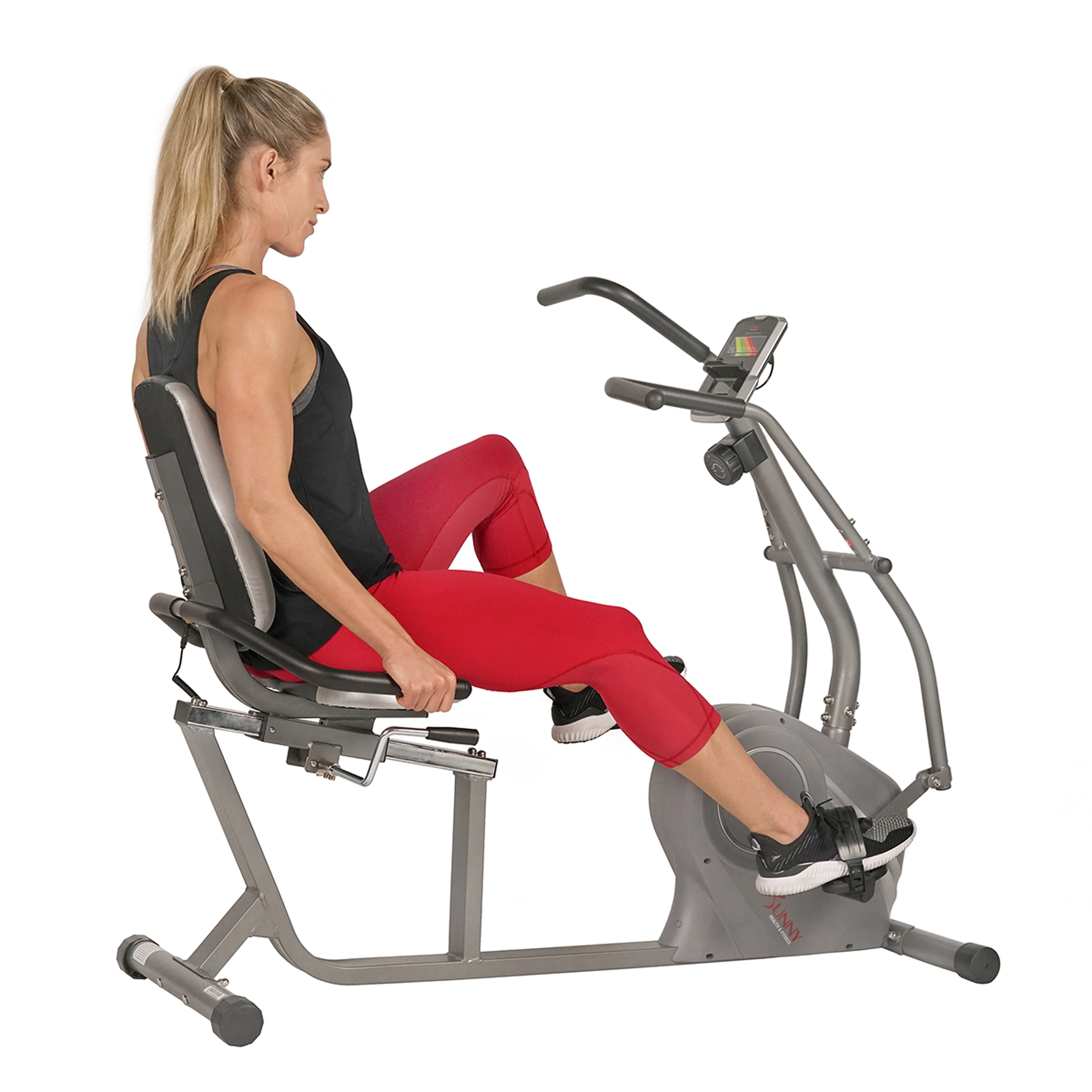 Sunny Health & Fitness Cross Trainer Magnetic Recumbent Bike with Arm Exercisers for Indoor Cardio with Pulse Sensors, SF-RB4936