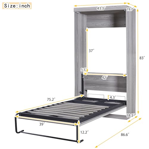 Full Size Murphy Bed with 2 Convertible Side Cabinet Storage Shelf, Foldable Wallbed Bedframe