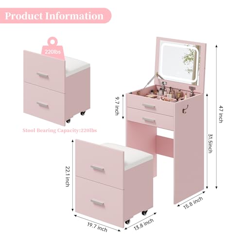 Compact Vanity with 3 Drawers, 3 in 1 Vanity Desk, Makeup Desk with Flip-up 3 Colors Lighting Mirror and Cushioned Stool