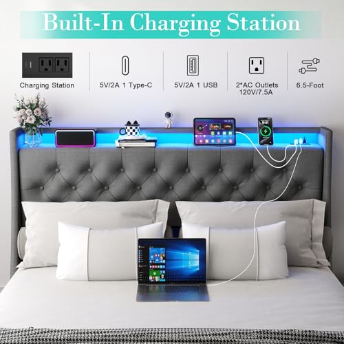 Queen Bed Frame with 2 Storage Drawers, Platform Bed Frame Queen Size with LED Light, Upholstered Headboard, Charging Station, Steel Slat Support