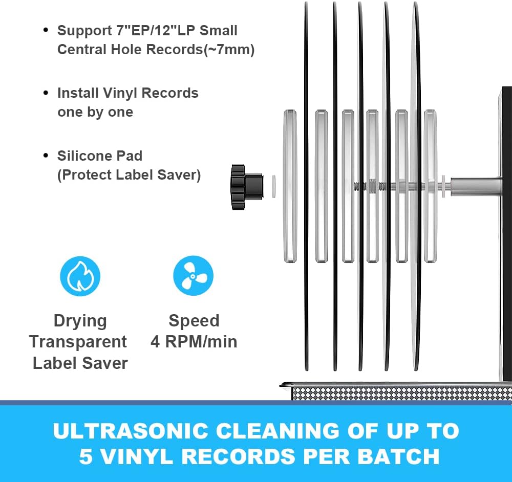WEWU ROUNDS LP Vinyl Record Ultrasonic Cleaner with Records Bracket 1-5 Records Per Batch Raising Descending Auto-Drying (Gray Mechanical)