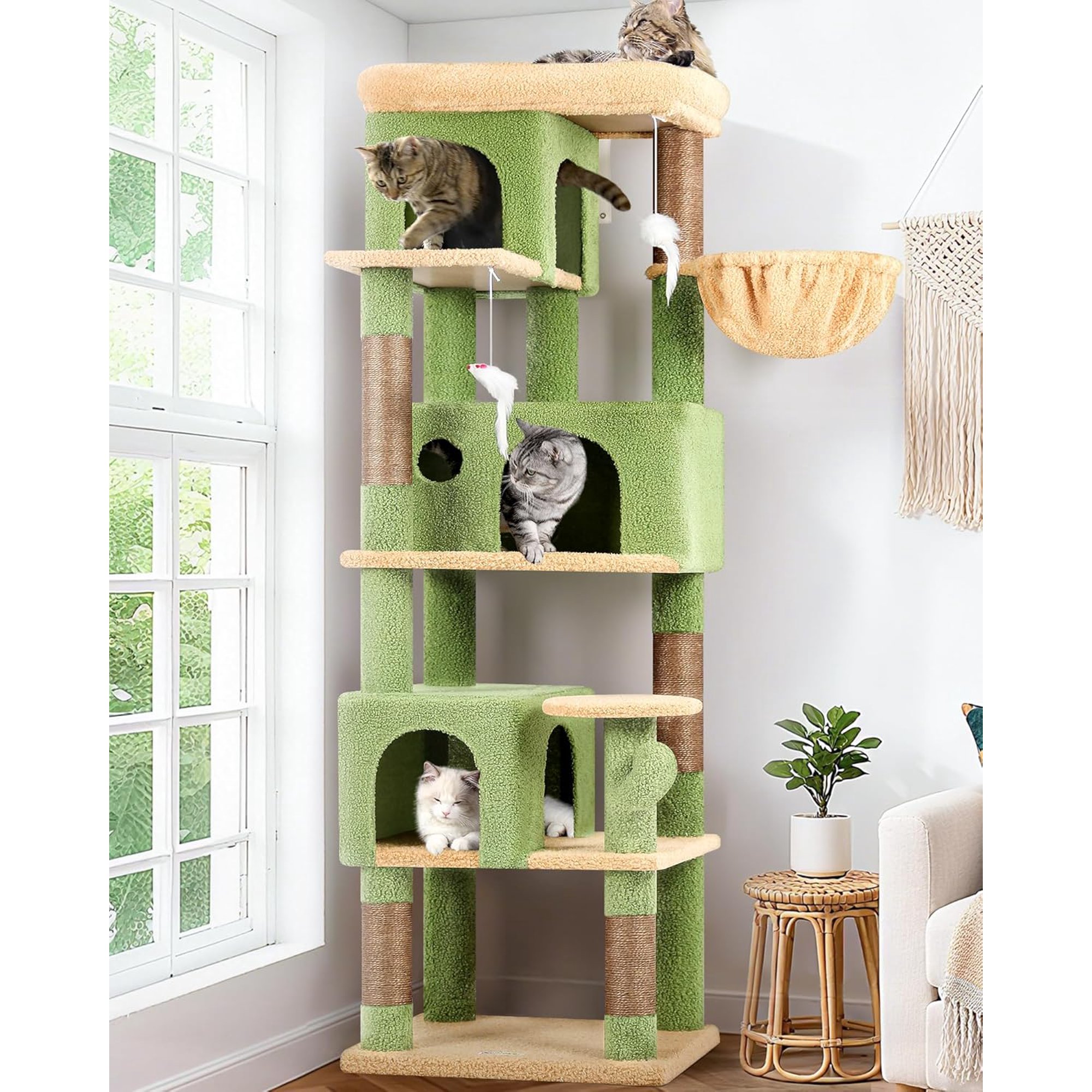 Corner Cactus  Tree 66 inch Multi-Level Cactus Climbing Tower Kitty Condos   Tower for Indoor Multiple Cats with Large Platform, 3  Caves, F66,