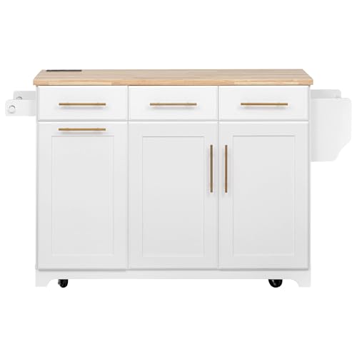 Merax 59.3" Kitchen Island with Storage, 2 Pull Out Cabinet Organizers & Rubber Wood Drop Leaf, Rolling Island Table with Trash Can Storage