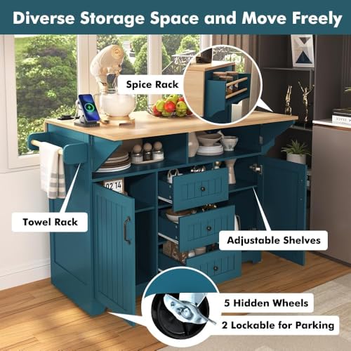 Kitchen Island with 2 Drop Leaf, Home Cart Island on Wheels Foldable Dining Table with Power Outlets,3 Drawers,Storage Cabinet, Tower Rack(Black)