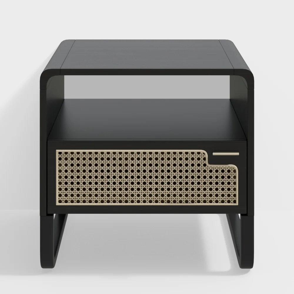 homary Minimalist Nightstand Rattan Woven Bedside Table with 1 Drawer Bedroom Furniture End Table Black
