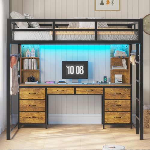ADORNEVE Full Size Loft Bed with Desk and 8 Storage Drawers, Metal Loft Beds Full with LED Lights & Charging Sation