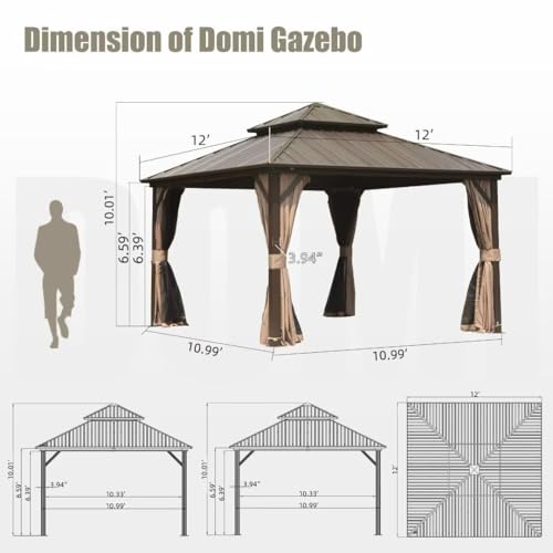 Domi 10’ x 10’ Hardtop Gazebo Metal Frame Canopy with Netting & Curtains